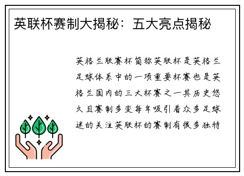 英联杯赛制大揭秘：五大亮点揭秘